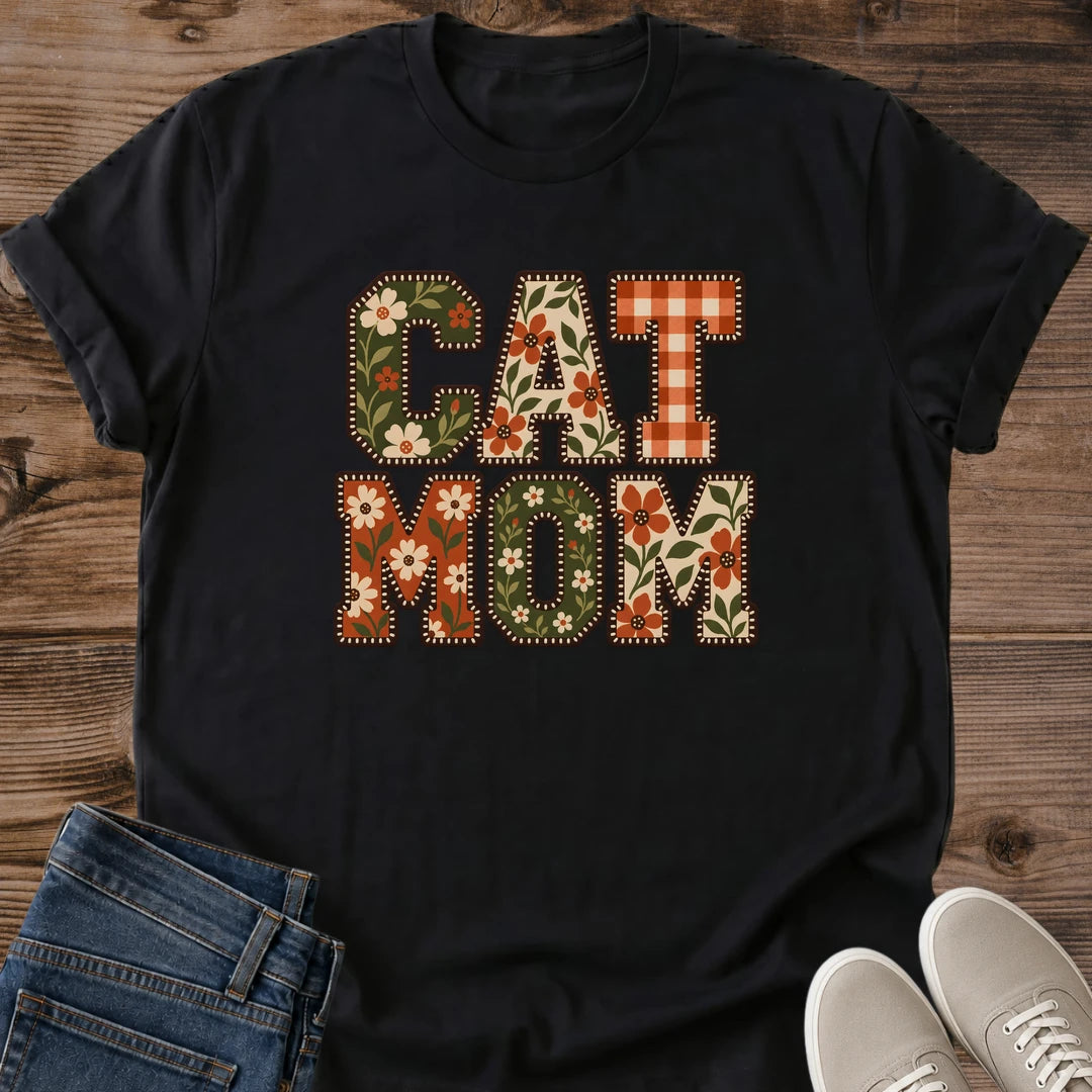 Colorful Cat Mom Graphic Tee Floral Patchwork Letters Print Cute Aesthetic Cat Owner Shirt Gift For Cat Lovers Softstyle Cotton Comfortable Relaxed Fit Statement Piece Everyday Casual Wear Apparel Gift Idea