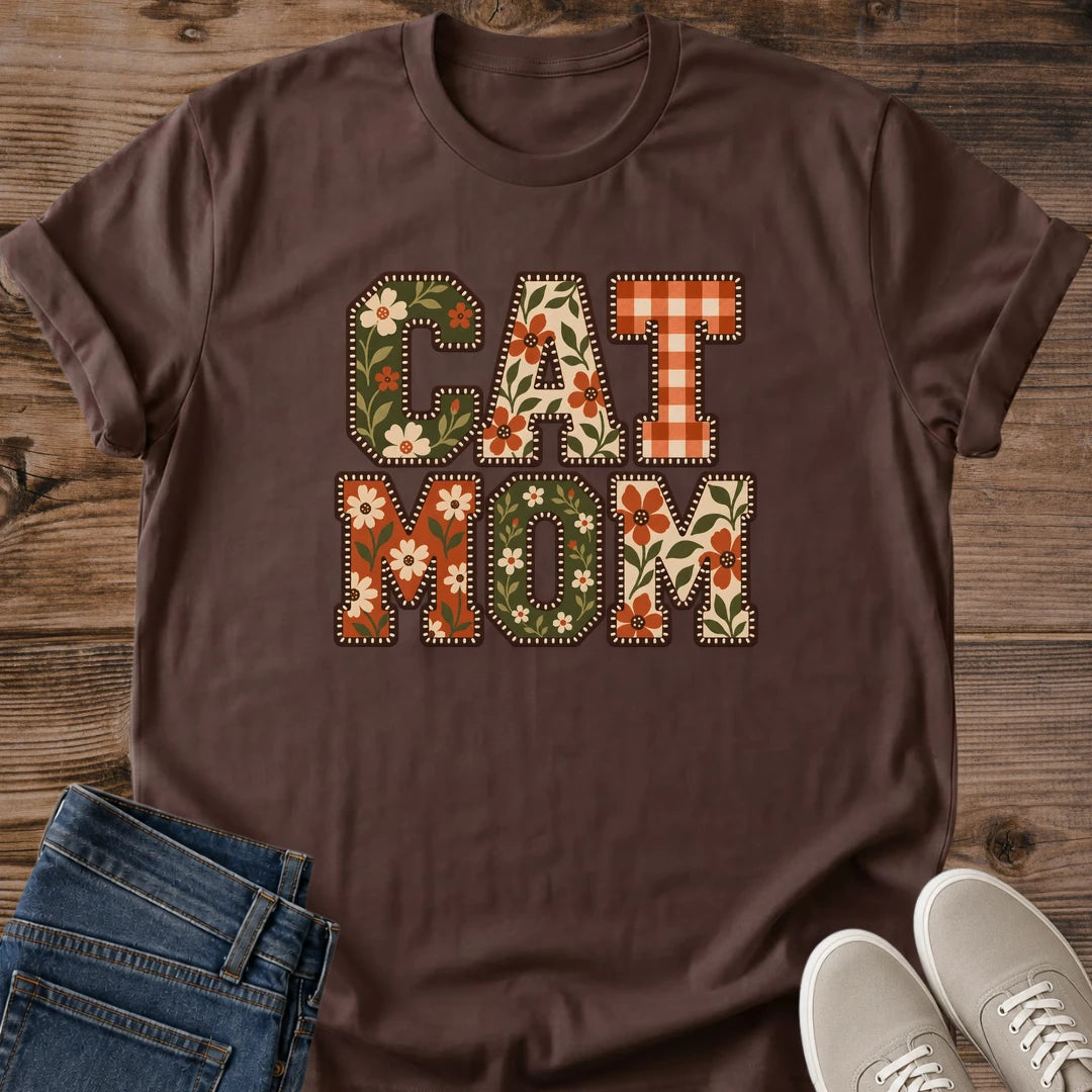 Cute Cat Mom Shirt Floral Patchwork Letters Graphic Tee Gift Idea Ring Spun Cotton Soft Breathable Fabric Relaxed Unisex Fit Colorful Print Design Cat Person Apparel Casual Everyday Wear Statement Piece Great Gift