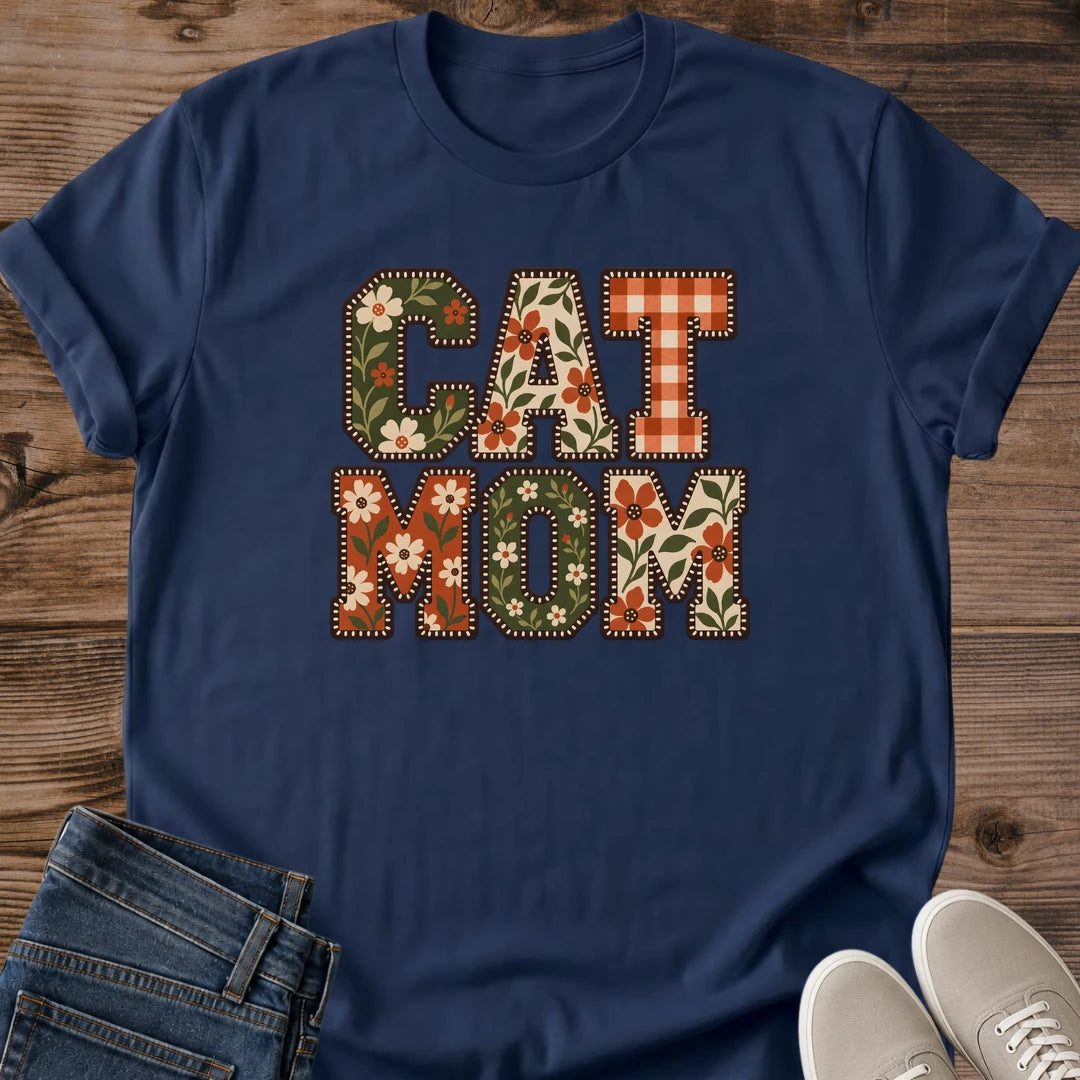 Floral Cat Mom Tee Patchwork Letters Gingham Design Cute Cat Lover Gift For Her Softstyle Cotton Comfortable Relaxed Fit Casual Weekend Wear Colorful Print Cat Mom Statement Apparel Everyday Layering Piece For Fun