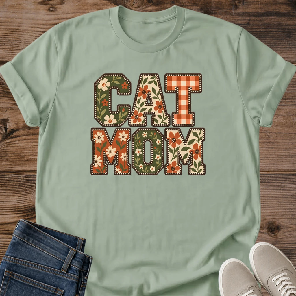 Cute Cat Mom Shirt Floral Patchwork Letters Graphic Tee Gift Idea Ring Spun Cotton Soft Breathable Fabric Relaxed Unisex Fit Colorful Print Design Cat Person Apparel Casual Everyday Wear Statement Piece Great Gift