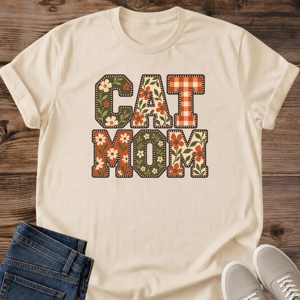 Cat Mom Shirt Floral Patchwork Letters Tee Cute Cat Lover Gift Idea Softstyle Ring Spun Cotton Relaxed Fit Everyday Casual Wear Colorful Print Cat Owner Apparel Statement Piece Lightweight Layering For Home