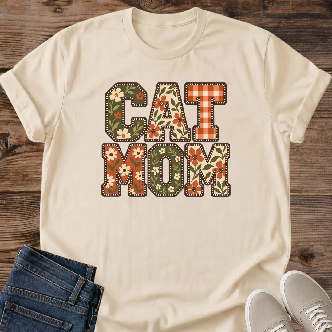 Cat Mom Shirt Floral Patchwork Letters Tee Cute Cat Lover Gift Idea Softstyle Ring Spun Cotton Relaxed Fit Everyday Casual Wear Colorful Print Cat Owner Apparel Statement Piece Lightweight Layering For Home