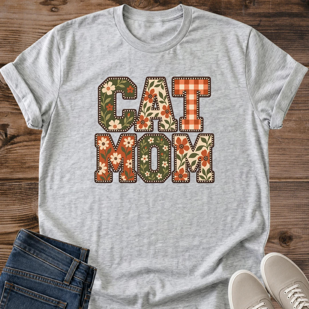 Cat Mom Shirt Floral Patchwork Letters Tee Cute Cat Lover Gift Idea Softstyle Ring Spun Cotton Relaxed Fit Everyday Casual Wear Colorful Print Cat Owner Apparel Statement Piece Lightweight Layering For Home