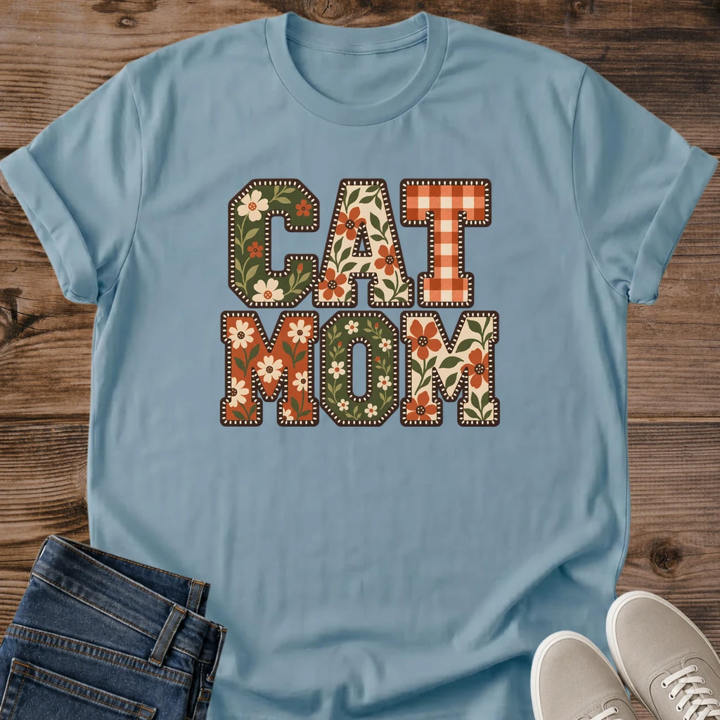 Vintage Cat Lover Tee Cat Mom Floral Patchwork Letters Design Cotton Cat Mom Gift Shirt Cute Aesthetic Softstyle Ring Spun Fabric Relaxed Retail Fit Casual Weekend Layering Statement Piece Everyday Wear For Home