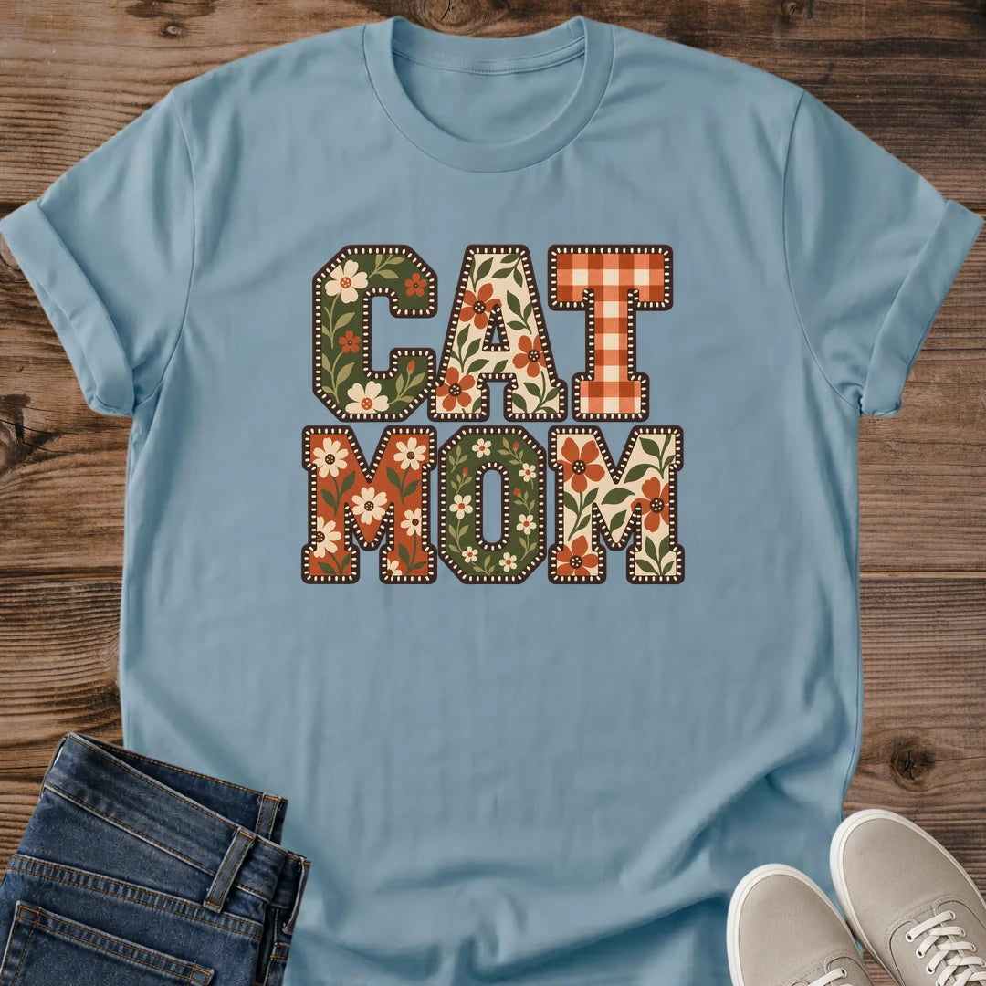 Vintage Cat Lover Tee Cat Mom Floral Patchwork Letters Design Cotton Cat Mom Gift Shirt Cute Aesthetic Softstyle Ring Spun Fabric Relaxed Retail Fit Casual Weekend Layering Statement Piece Everyday Wear For Home