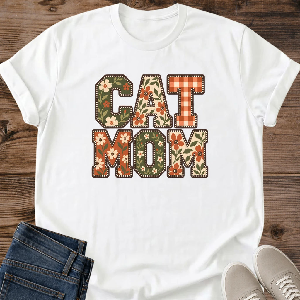 Floral Cat Mom Tee Patchwork Letters Gingham Design Cute Cat Lover Gift For Her Softstyle Cotton Comfortable Relaxed Fit Casual Weekend Wear Colorful Print Cat Mom Statement Apparel Everyday Layering Piece For Fun