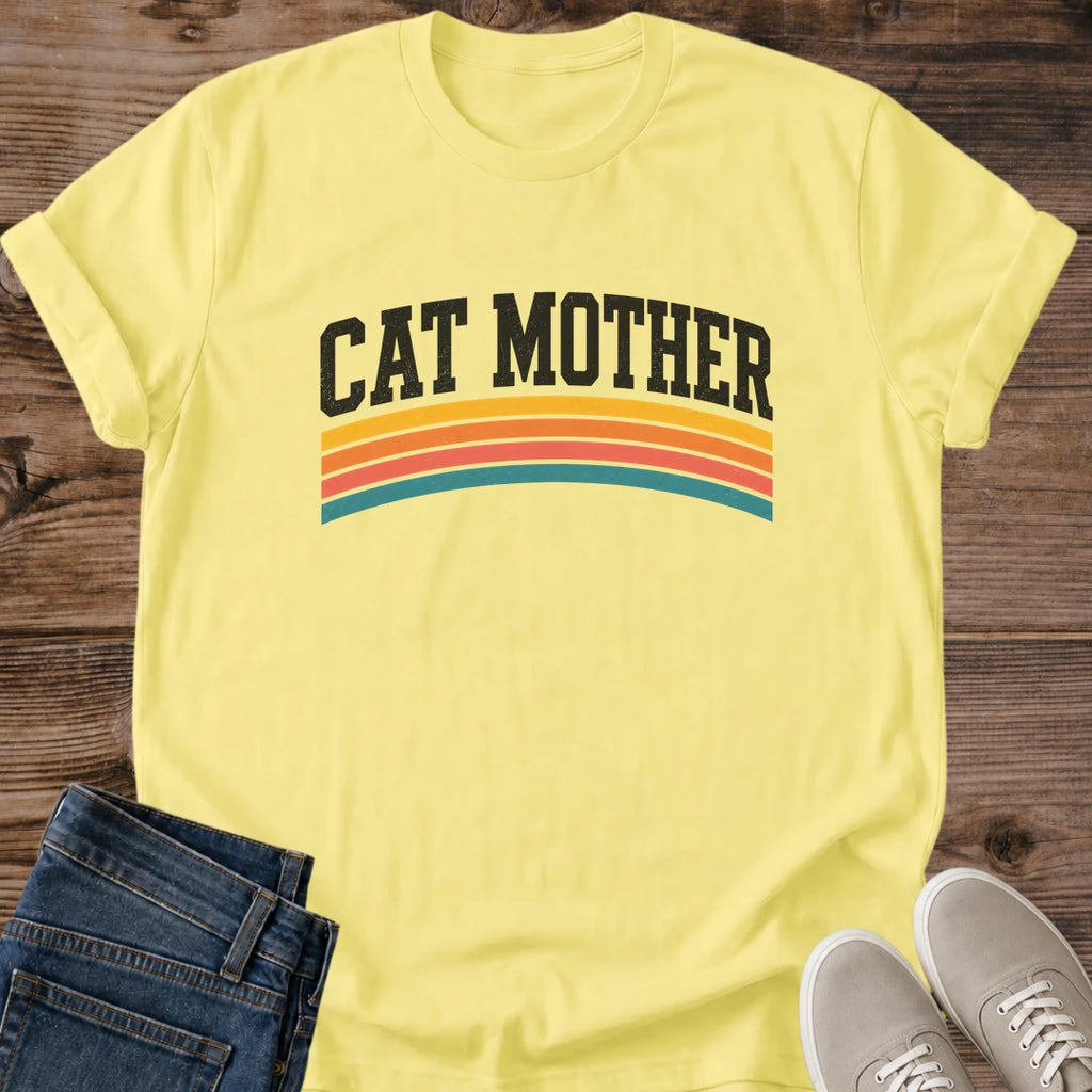 Retro Rainbow Shirt Cat Mom Graphic Tee Varsity Stripe Design Casual Wear Fashion Cat Lover Gift Minimalist Style Apparel Cat Mama Present Bold Lettering Statement Vintage Inspired Cat Owner Shirt Perfect Birthday Gift Cat Parent Tee Trendy