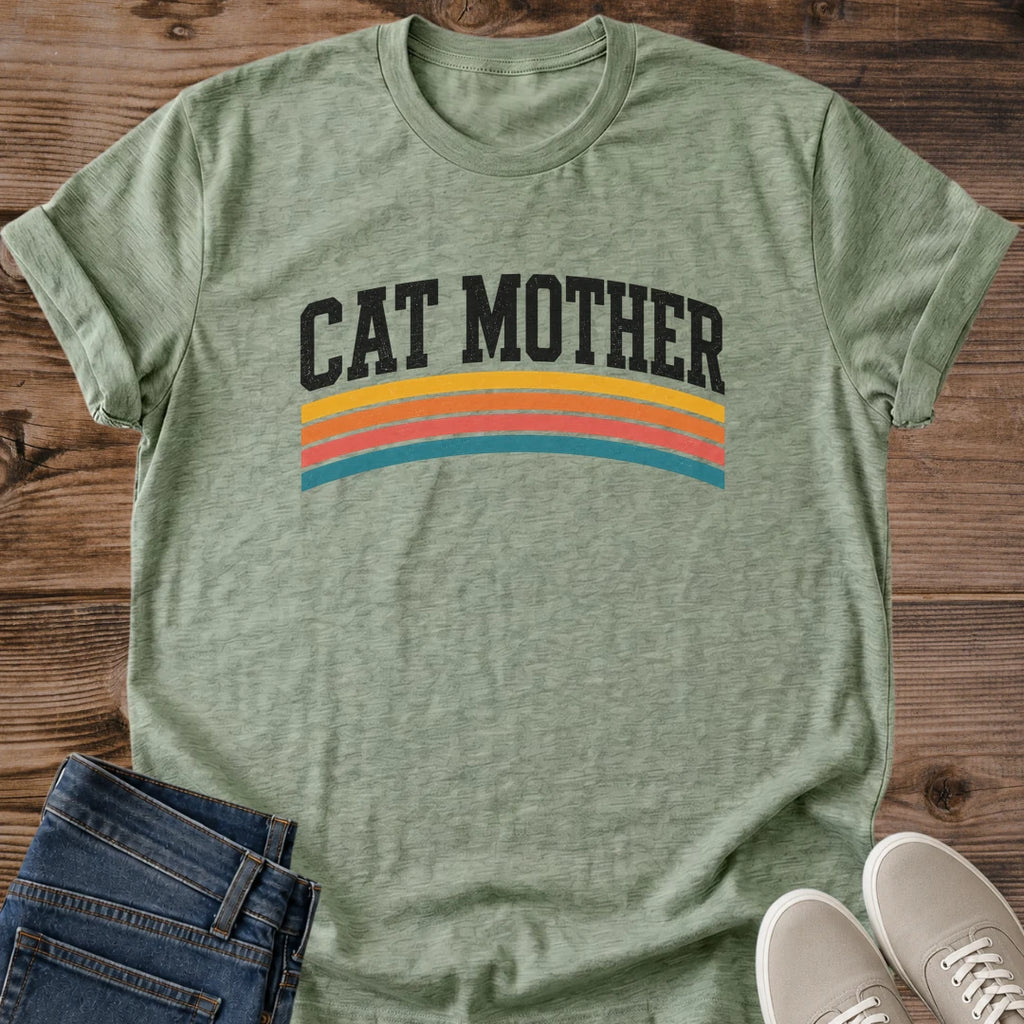 Gift For Cat Lover Retro Tee Shirt Varsity Stripe Cat Mom Apparel Rainbow Design Minimalist Cat Mama Gift Bold Lettering Statement Fashion Casual Wear Collection Vintage Style Cat Owner Present Perfect Birthday Gift Cat Parent Shirt Trendy