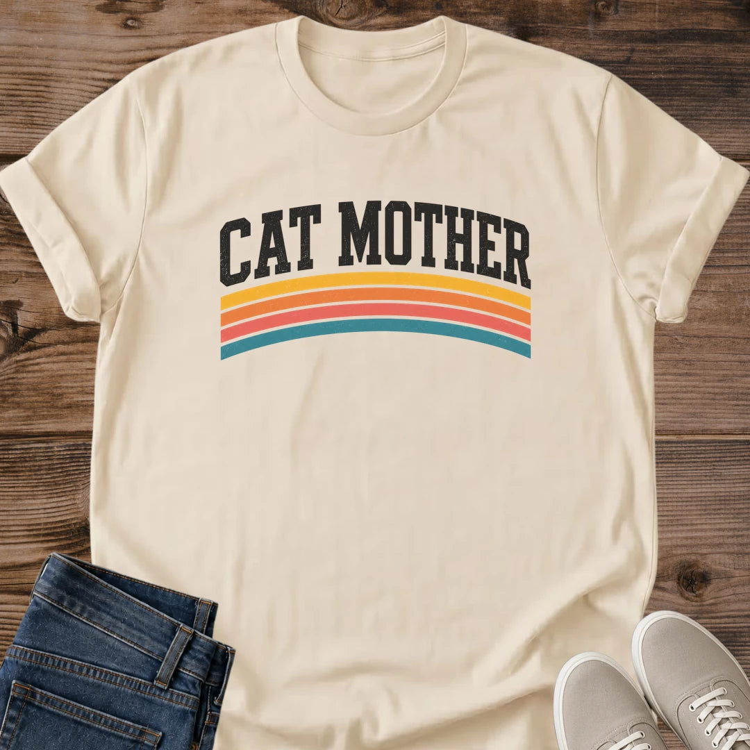 Retro Rainbow Shirt Cat Mom Graphic Tee Varsity Stripe Design Casual Wear Fashion Cat Lover Gift Minimalist Style Apparel Cat Mama Present Bold Lettering Statement Vintage Inspired Cat Owner Shirt Perfect Birthday Gift Cat Parent Tee Trendy