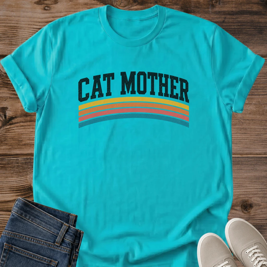 Cat Mom Shirt Retro Graphic Tee Varsity Stripe Design Rainbow Pattern Cat Lover Gift Minimalist Style Cat Mama Present Bold Lettering Casual Wear Shirt Vintage Inspired Fashion Cat Owner Apparel Birthday Gift For Cat Parent Trendy Statement