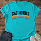 Cat Mom Shirt Retro Graphic Tee Varsity Stripe Design Rainbow Pattern Cat Lover Gift Minimalist Style Cat Mama Present Bold Lettering Casual Wear Shirt Vintage Inspired Fashion Cat Owner Apparel Birthday Gift For Cat Parent Trendy Statement