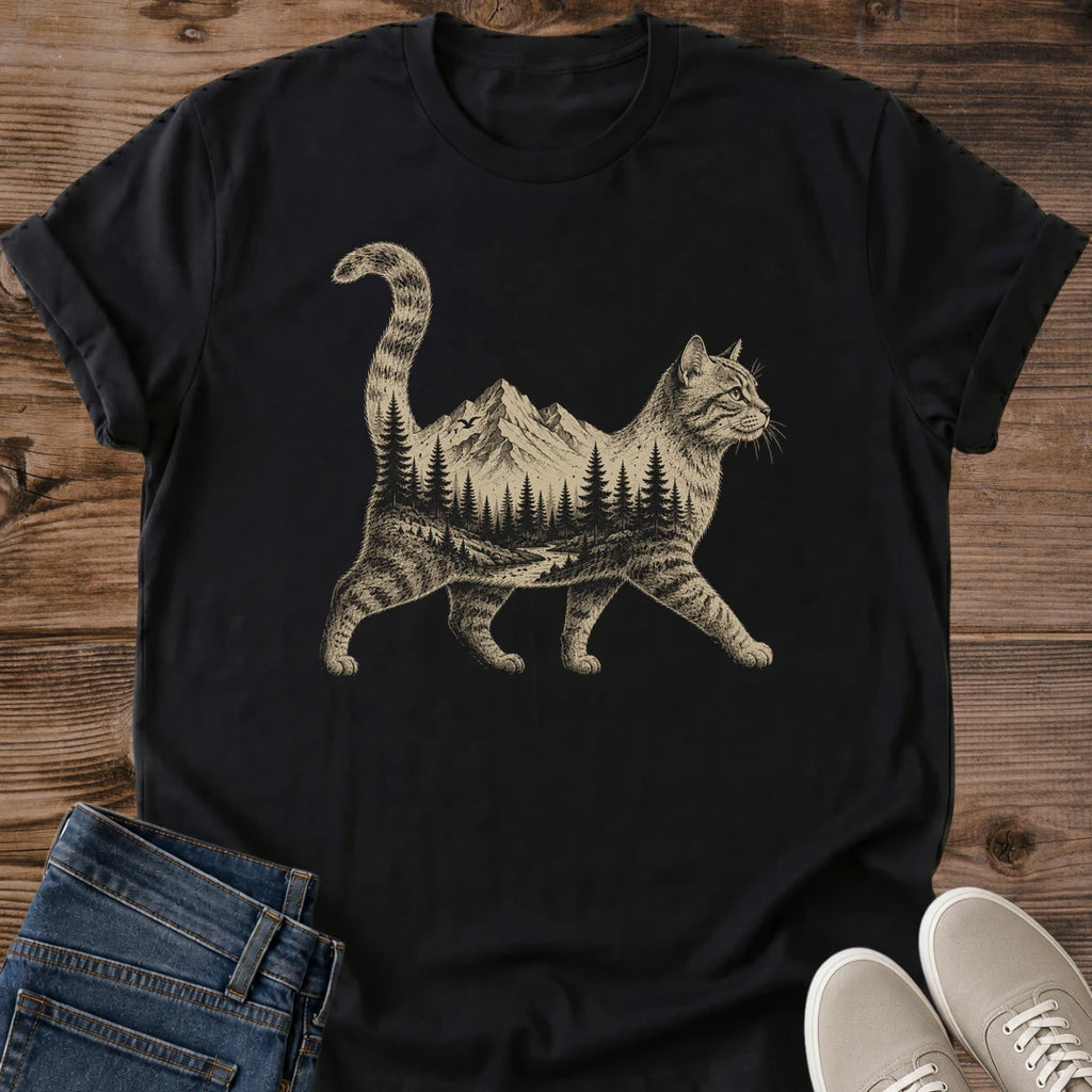 Soft Cotton Tee Cat Mountain Print Comfortable Everyday Shirt Vintage Graphic Design Nature Scene Clothing Casual Outdoor Wear Lightweight Fabric Relaxed Fit Mountain Forest Graphic Cat Silhouette Shirt Nature Lover Apparel Hiking Tee Gift