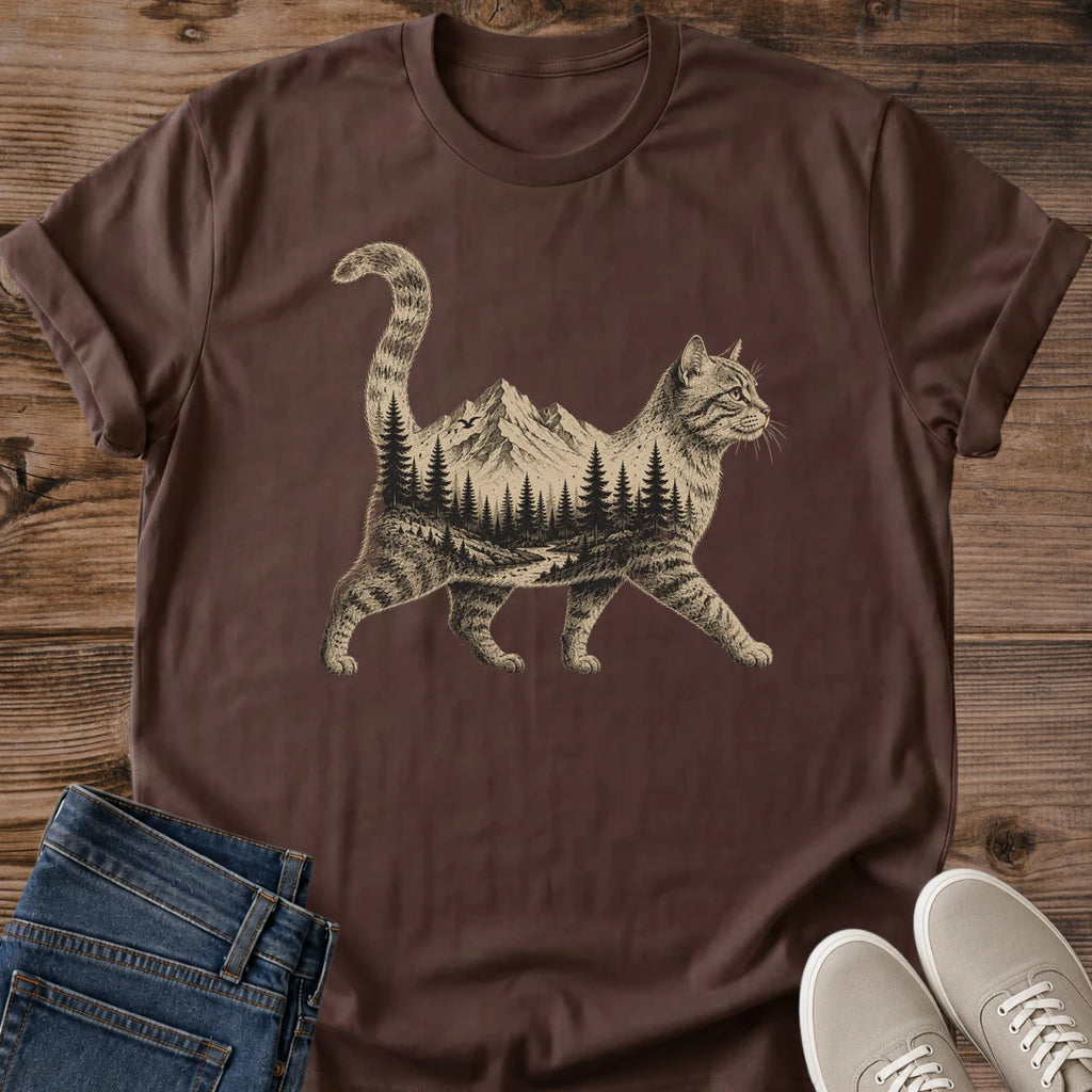 Cat Mountain Shirt Vintage Nature Graphic Tee Soft Cotton Clothing Mountain Forest Design Cat Silhouette Print Perfect Gift For Cat Lover Nature Enthusiast Outdoor Apparel Comfortable Everyday Wear Casual Hiking Shirt Lightweight Fabric