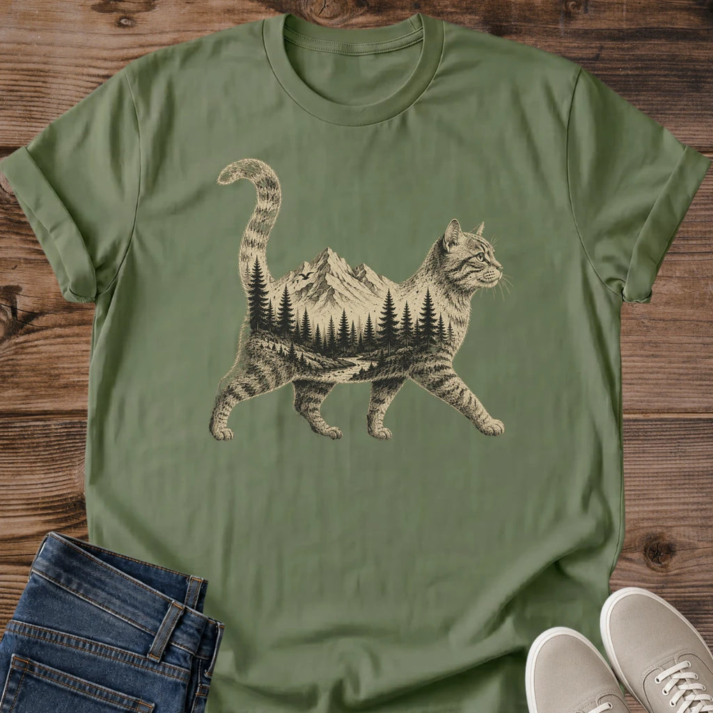 Mountain Forest Shirt Cat Nature Design Vintage Graphic Tee Outdoor Adventure Apparel Hiking Clothing Soft Cotton Fabric Comfortable Casual Wear Nature Scene Print Cat Lover Gift Lightweight Everyday Shirt Relaxed Fit Retro Style Animal