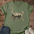 Mountain Forest Shirt Cat Nature Design Vintage Graphic Tee Outdoor Adventure Apparel Hiking Clothing Soft Cotton Fabric Comfortable Casual Wear Nature Scene Print Cat Lover Gift Lightweight Everyday Shirt Relaxed Fit Retro Style Animal