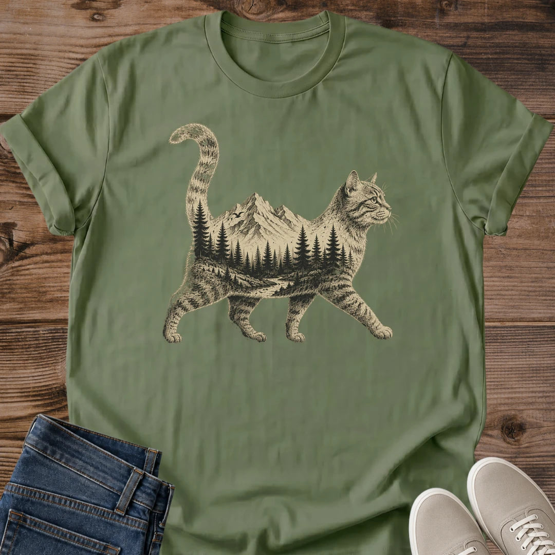 Mountain Forest Shirt Cat Nature Design Vintage Graphic Tee Outdoor Adventure Apparel Hiking Clothing Soft Cotton Fabric Comfortable Casual Wear Nature Scene Print Cat Lover Gift Lightweight Everyday Shirt Relaxed Fit Retro Style Animal