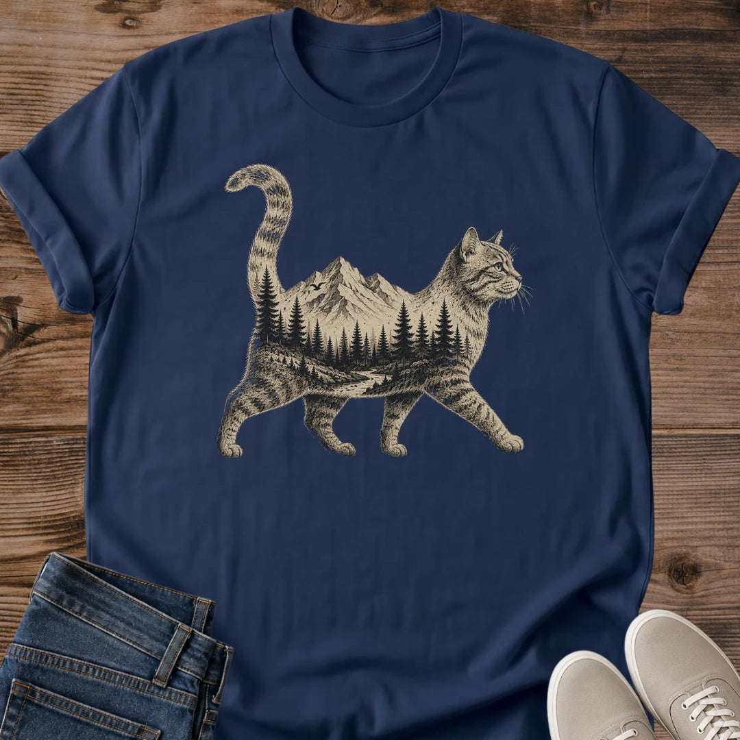 Vintage Nature Graphic Tee Cat Mountain Design Soft Cotton Shirt Outdoor Lifestyle Apparel Mountain Forest Scene Print Comfortable Casual Wear Hiking Clothing Nature Lover Gift Lightweight Fabric Everyday Tee Retro Graphic Style Cat