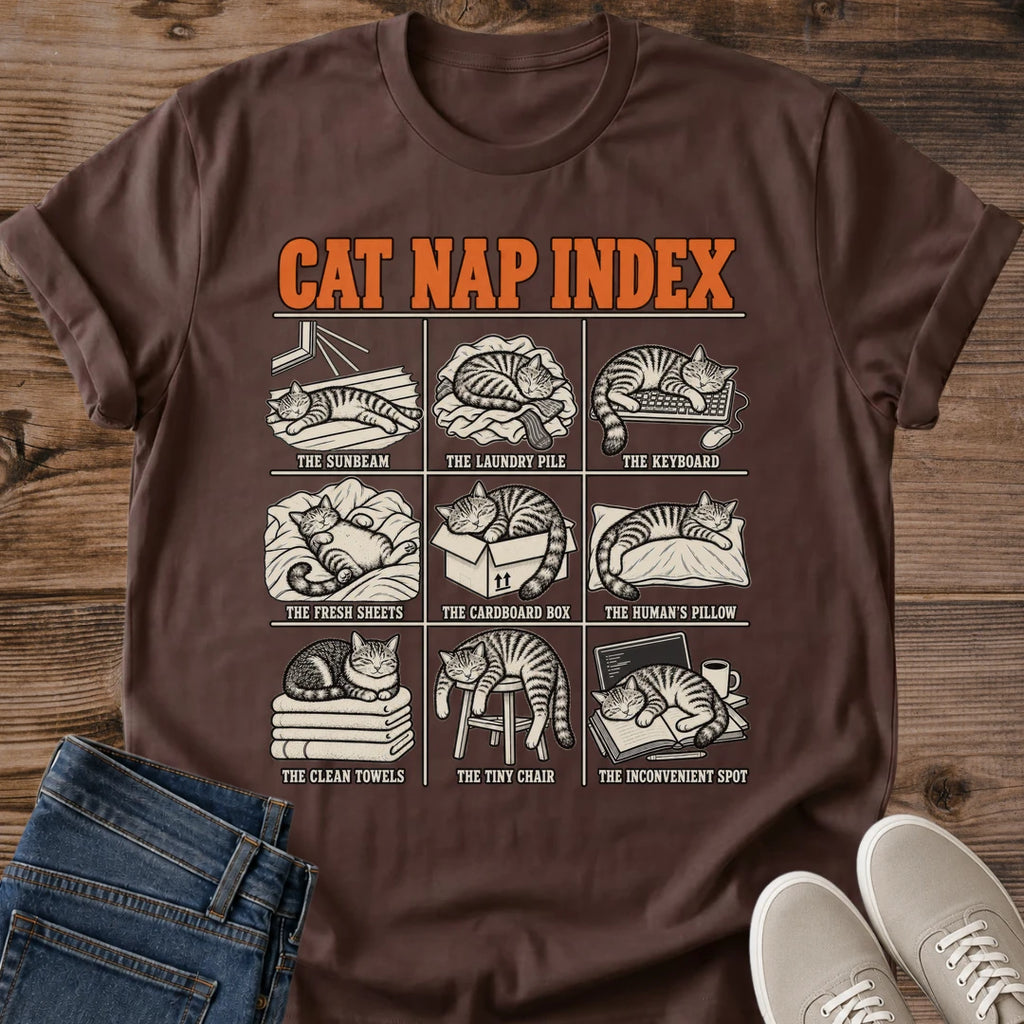 Cat Nap Index Design Vintage Graphic Tee Retro Panel Layout Soft Cotton Crew Comfortable Casual Shirt Pet Lover Gift Perfect Present Animal Theme Fashion Everyday Wear Essential Muted Color Palette Worn In Feel Lightweight Fabric Dark Base