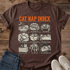 Cat Nap Index Design Vintage Graphic Tee Retro Panel Layout Soft Cotton Crew Comfortable Casual Shirt Pet Lover Gift Perfect Present Animal Theme Fashion Everyday Wear Essential Muted Color Palette Worn In Feel Lightweight Fabric Dark Base