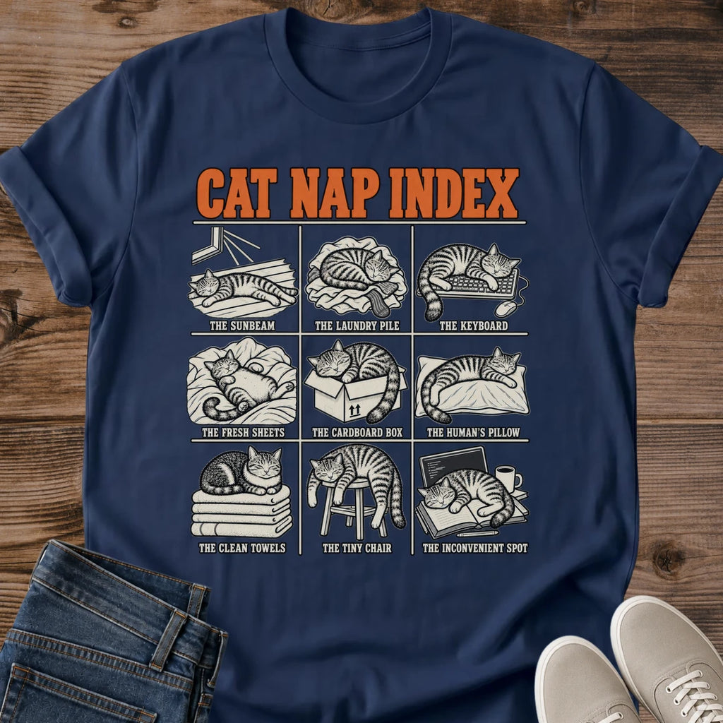 Vintage Style Shirt Retro Cat Design Graphic Tee Collection Soft Cotton Crew Comfortable Casual Wear Cat Nap Index Panel Layout Muted Color Palette Pet Lover Apparel Perfect Gift For Cat Owners Everyday Essential Lightweight Fabric Dark