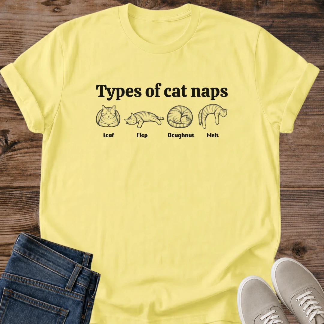 Minimalist Cat Design Shirt Clean Line Art Graphics Cat Nap Positions Illustrated Tee Soft Comfortable Fabric Casual Cat Lover Apparel Funny Cat Sleeping Poses Shirt Loaf Flop Doughnut Melt Design Lightweight Everyday Wear Perfect Cat Owner