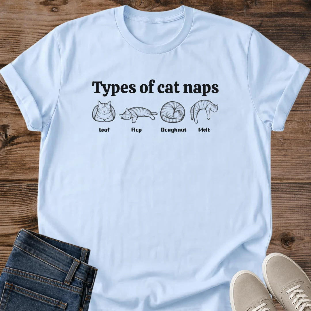 Illustrated Cat Shirt Design Minimalist Cat Nap Positions Tee Funny Black Line Art Graphics Soft Lightweight Fabric Cat Sleeping Poses Shirt Loaf Flop Doughnut Melt Design Casual Cat Lover Apparel Comfortable Everyday Tee Perfect Cat Owner
