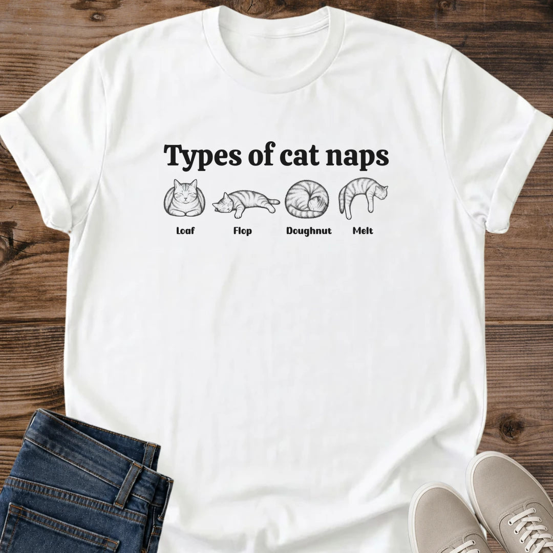 Funny Cat Tee Shirt Novelty Cat Nap Design Illustrated Cat Positions Graphics Minimalist Black Line Art Casual Comfortable Wear Soft Lightweight Fabric Cat Lover Statement Shirt Cute Pet Graphics Tee Perfect Gift For Cat Enthusiast Everyday