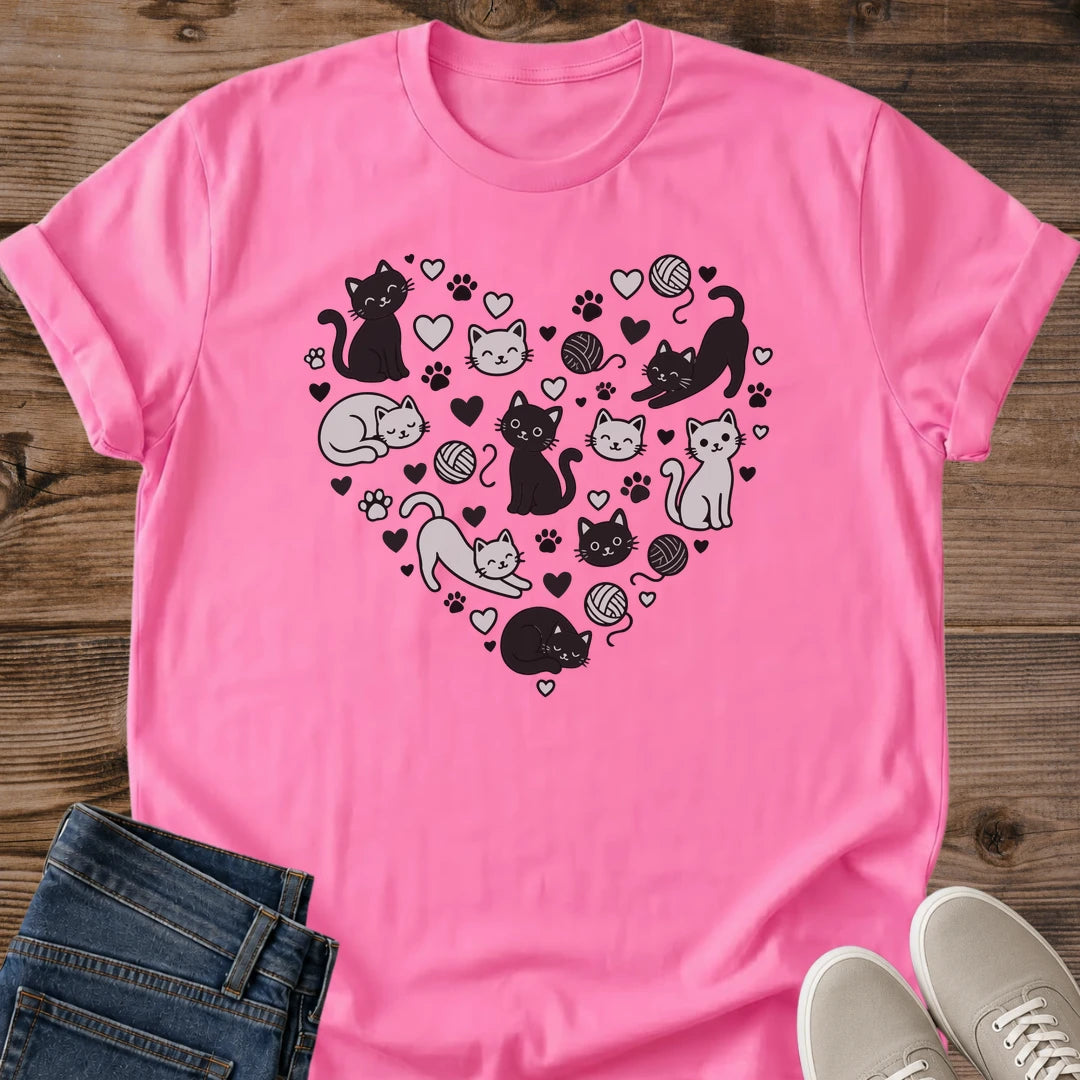 Everyday Wardrobe Essential Cat Graphic Tee Soft Lightweight Fabric Kitten Print Shirt Casual Comfortable Wear Grayscale Pattern Design Yarn Ball Illustration Playful Cats Heart Details Crew Neck Classic Fit Style Perfect Cat Enthusiast