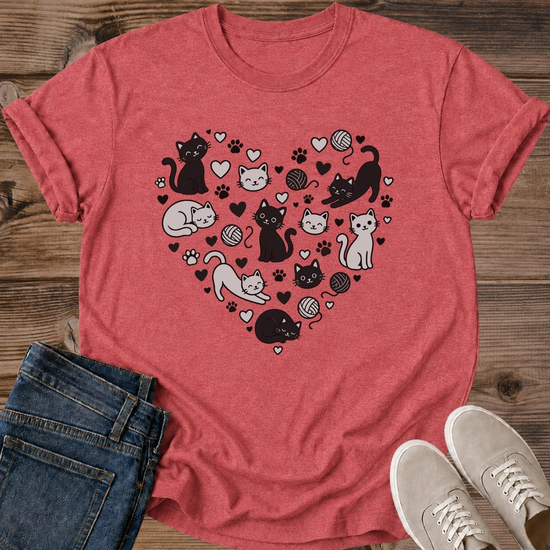 Cat Graphic Tee – Soft Grayscale Kitten & Yarn Print for Everyday Wear