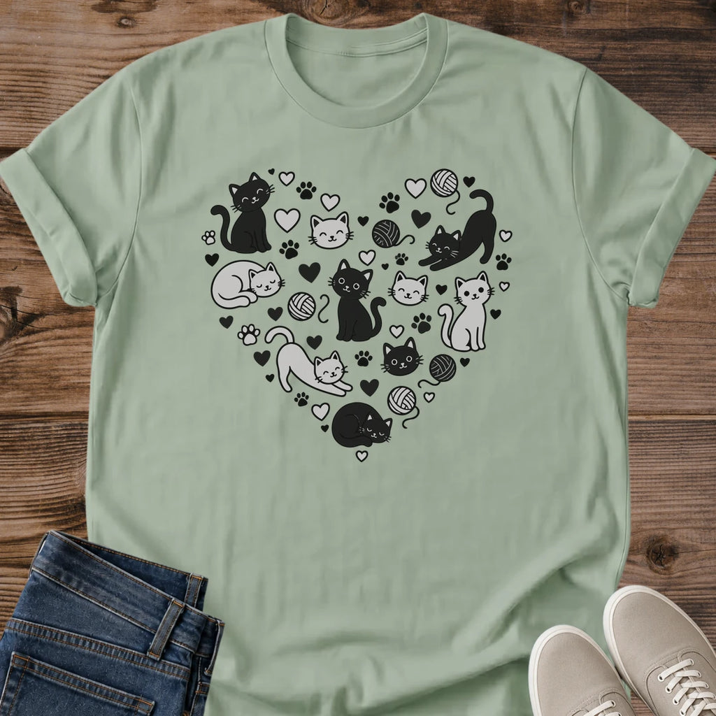 Casual Everyday Tshirt Cat Graphic Design Soft Lightweight Fabric Comfortable Fit Shirt Kitten Print Pattern Grayscale Illustration Yarn Ball Details Playful Cats Heart Design Crew Neck Classic Cut Style Perfect Cat Lover Clothing Home