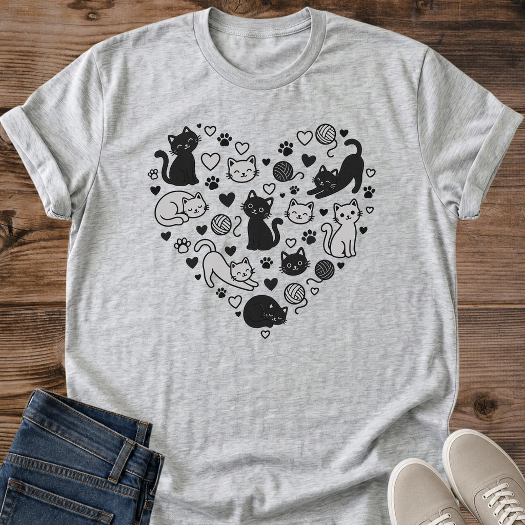 Cat Lover Gift Graphic Tee Soft Fabric Shirt Kitten Print Design Casual Everyday Wear Comfortable Fit Tshirt Grayscale Pattern Yarn Ball Illustration Playful Cats Heart Details Crew Neck Style Classic Cut Design Home Comfort Outfit Weekend