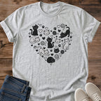 Cat Lover Gift Graphic Tee Soft Fabric Shirt Kitten Print Design Casual Everyday Wear Comfortable Fit Tshirt Grayscale Pattern Yarn Ball Illustration Playful Cats Heart Details Crew Neck Style Classic Cut Design Home Comfort Outfit Weekend