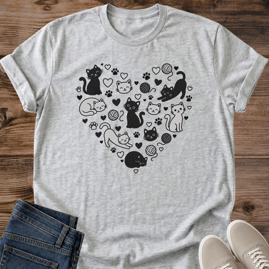 Cat Lover Gift Graphic Tee Soft Fabric Shirt Kitten Print Design Casual Everyday Wear Comfortable Fit Tshirt Grayscale Pattern Yarn Ball Illustration Playful Cats Heart Details Crew Neck Style Classic Cut Design Home Comfort Outfit Weekend