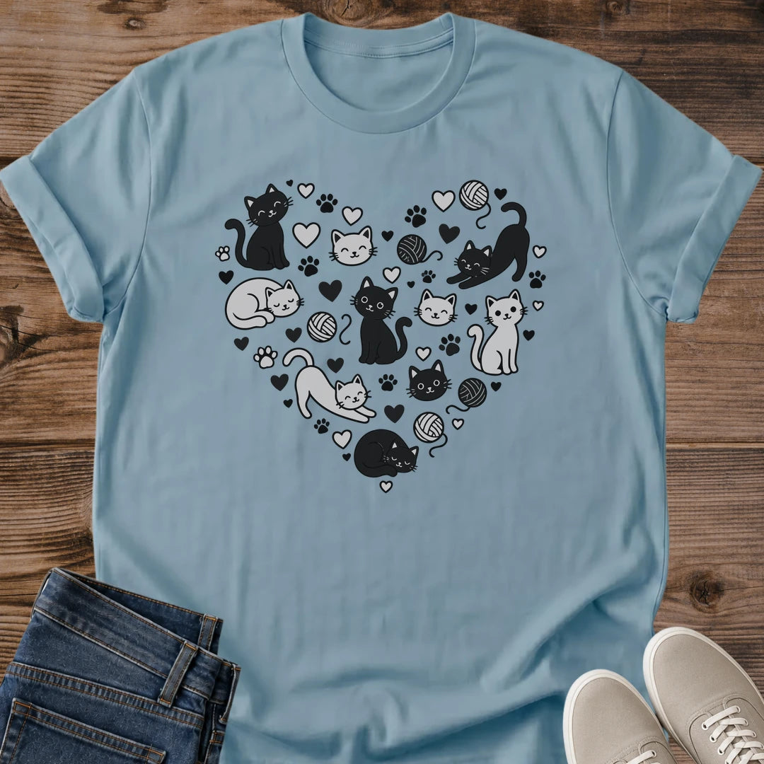 Kitten Graphic Tshirt Playful Cats Design Soft Fabric Shirt Casual Everyday Wear Grayscale Print Pattern Yarn Ball Illustration Heart Details Comfortable Fit Style Crew Neck Classic Cut Cat Lover Clothing Perfect Gift Idea Home Comfort