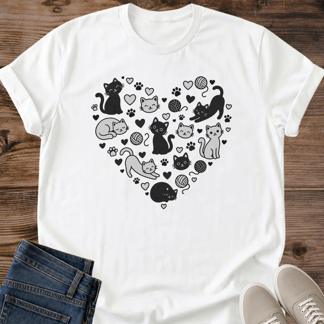 Comfortable Cat Tshirt Soft Fabric Design Casual Graphic Shirt Kitten Print Pattern Everyday Wear Essential Grayscale Illustration Yarn Ball Details Playful Cats Heart Design Crew Neck Classic Fit Style Perfect Pet Lover Gift Home Comfort