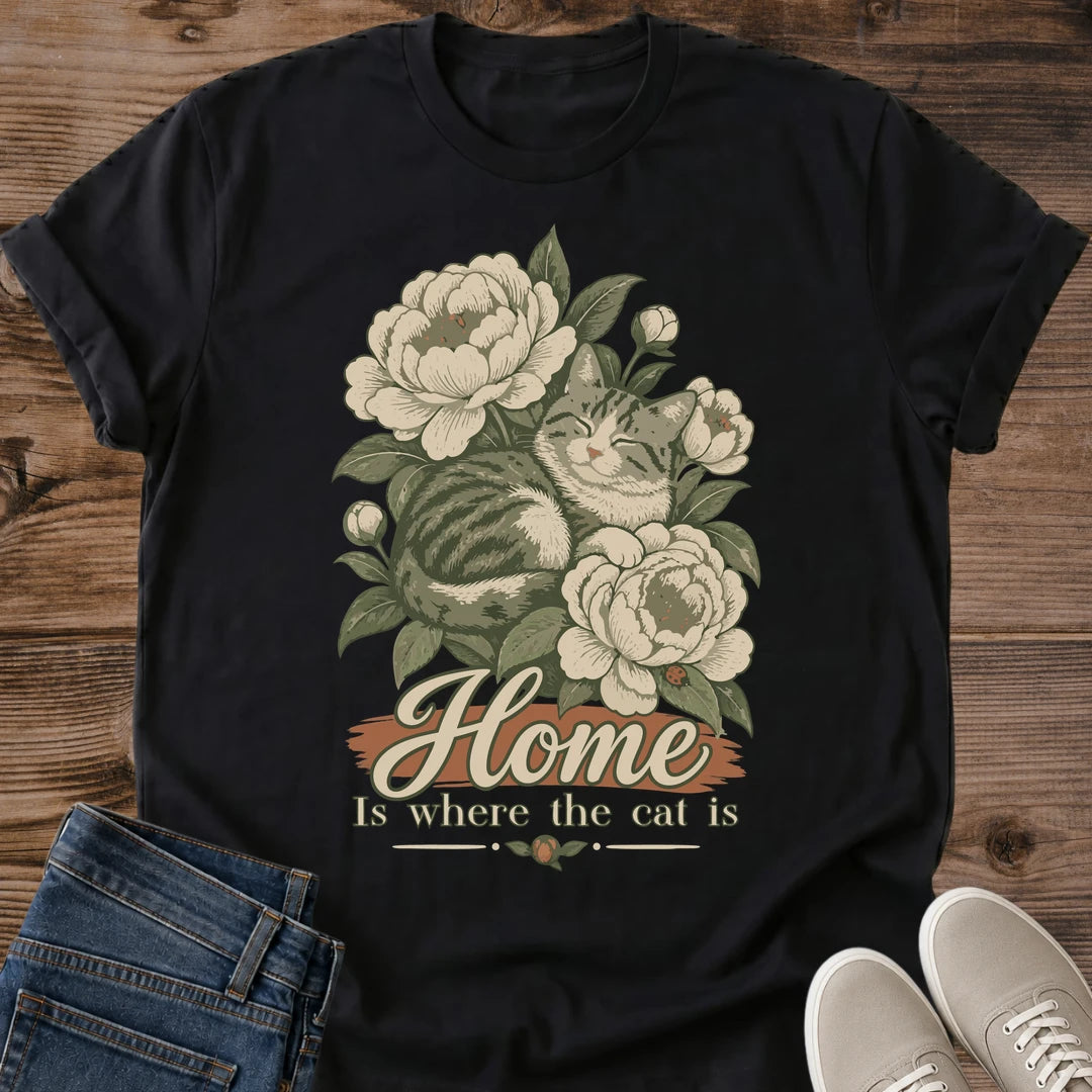 Cat Lover Gift Vintage Floral T Shirt Tabby Cat Sleeping Among Peonies Soft Cotton Tee Cottagecore Style Aesthetic Muted Vintage Tones Comfortable Casual Wear Perfect For Cat Owners Botanical Print Design Cozy Weekend Outfit Relaxed Fit