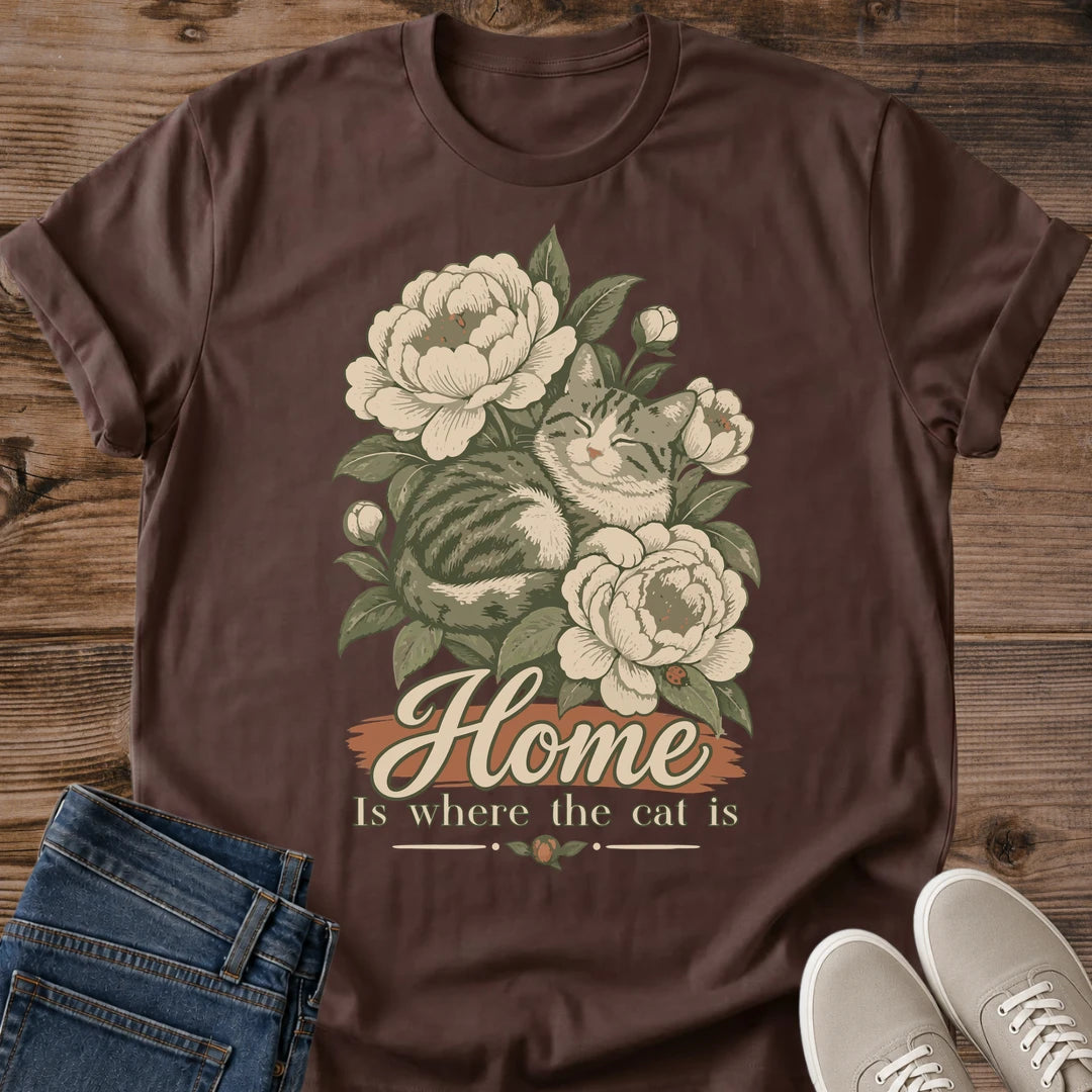 Cottagecore Cat Shirt Vintage Peony Floral Design Soft Cotton Tee Tabby Cat Sleeping Among Flowers Botanical Print T Shirt Comfortable Casual Wear Muted Vintage Aesthetic Perfect Cat Lover Gift Cozy Weekend Outfit Nature Inspired Design