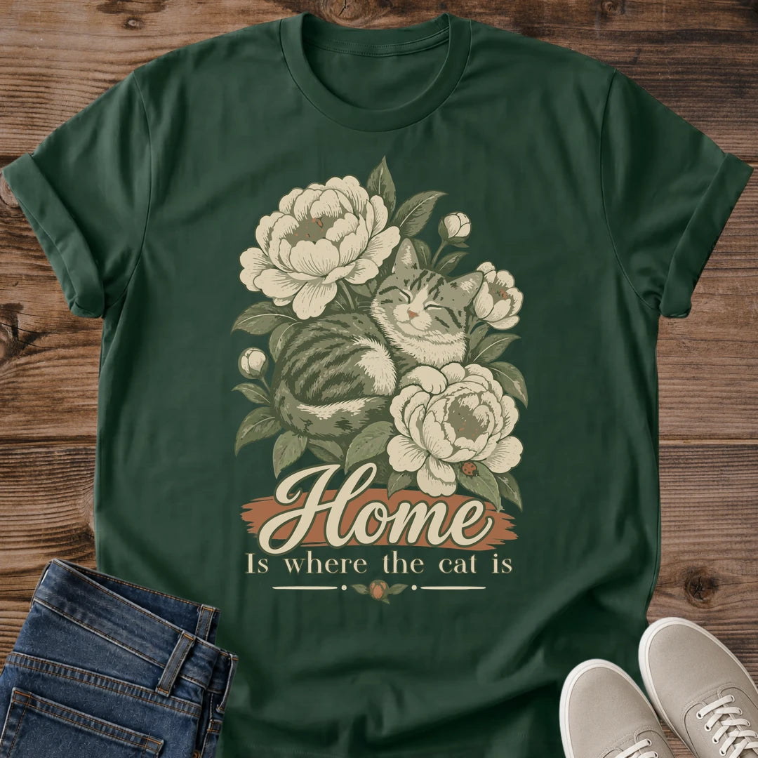 Soft Cotton Tee Cat Lover Shirt Vintage Floral Peony Design Tabby Cat Among Botanical Flowers Cottagecore Style Aesthetic Comfortable Casual Wear Perfect Gift For Cat Owners Muted Vintage Tones Cozy Weekend Outfit Relaxed Fit Nature