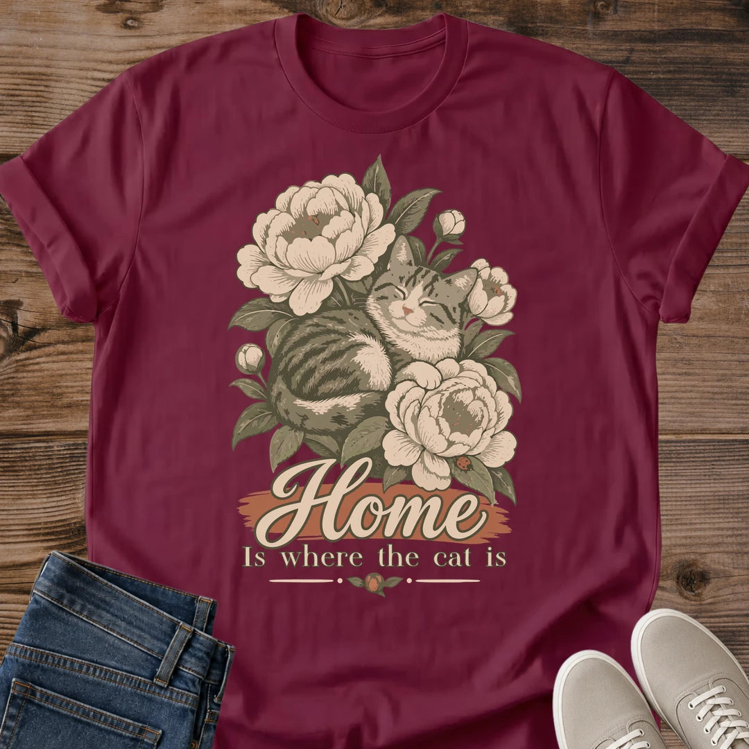 Botanical Cat Design Vintage Floral T Shirt Soft Cotton Tee Tabby Cat Sleeping Among Peonies Cottagecore Style Shirt Comfortable Casual Wear For Cat Lovers Muted Vintage Aesthetic Perfect Pet Parent Gift Cozy Weekend Outfit Nature Inspired