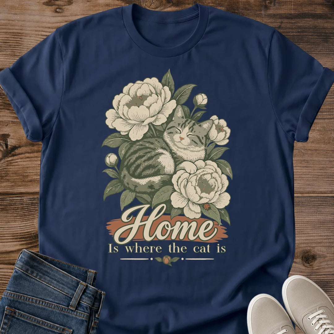 Vintage Floral Design Cat T Shirt Soft Cotton Tee With Tabby Cat Among Peonies Cottagecore Style Shirt Botanical Print Apparel Comfortable Casual Wear For Cat Lovers Muted Vintage Tones Aesthetic Cozy Weekend Style Perfect Gift For Pet