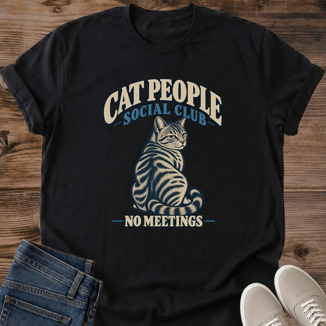 Vintage Cat Lover Tee Cat People Social Club No Meetings Design Cotton Cat Dad Gift Shirt Funny Aesthetic Softstyle Ring Spun Fabric Relaxed Retail Fit Casual Weekend Layering Statement Piece Everyday Wear For Home And Away