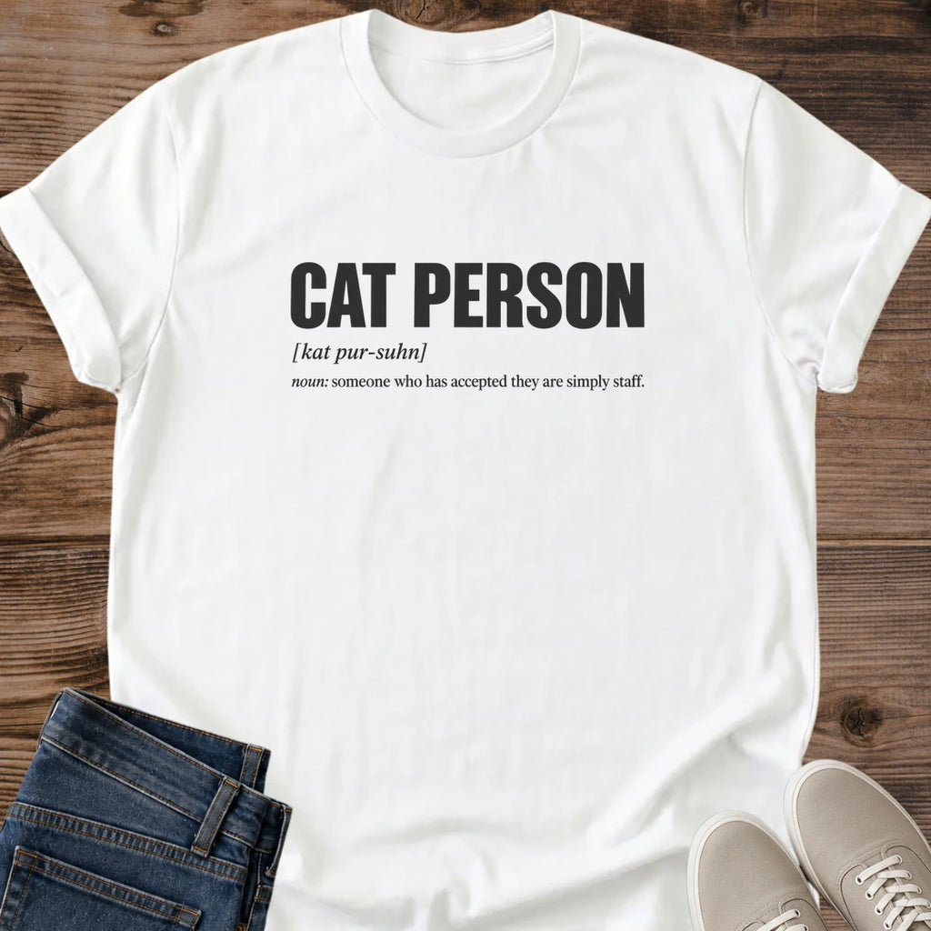 Minimalist Cat Tee Typography Design Shirt Funny Statement Graphic Cat Lover Apparel Soft Comfortable Material Lightweight Crew Neck Style Cat Person Definition Tee Casual Everyday Wear Relaxed Fashion Gift For Cat Owner Cat Enthusiast