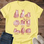 Yellow cat personality chart t-shirt with pink vintage cat illustrations showing funny everyday feline behaviors and recognizable cat owner inside jokes.