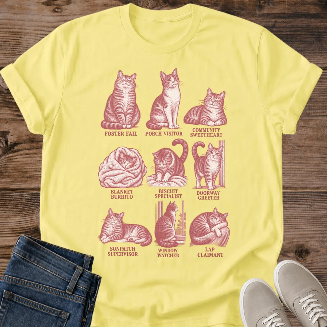 Yellow cat personality chart t-shirt with pink vintage cat illustrations showing funny everyday feline behaviors and recognizable cat owner inside jokes.