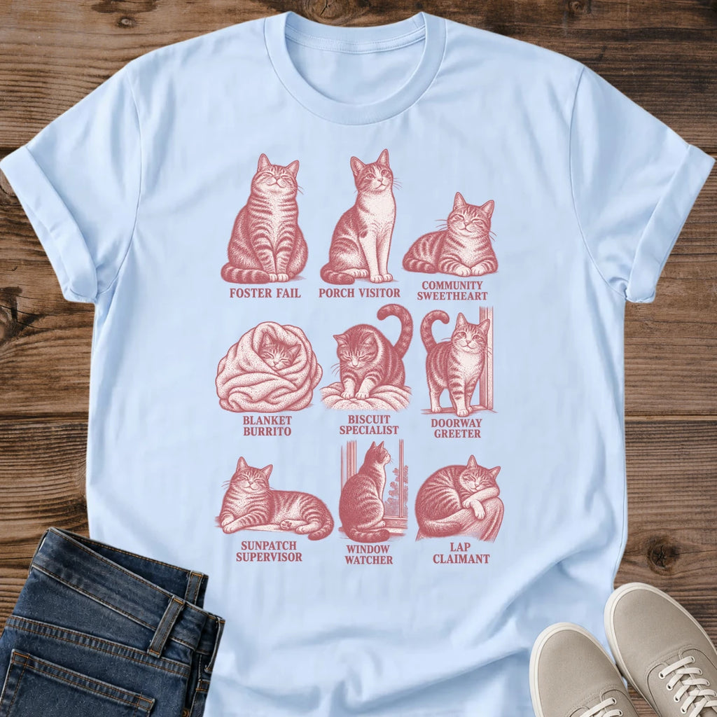 Light blue funny cat behavior shirt with a vintage illustrated chart of nine humorous cat personality types, designed as a casual graphic tee for cat lovers.