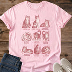 Light pink cat personality shirt featuring nine vintage pink cat illustrations with funny feline behavior labels including blanket burrito, biscuit specialist, window watcher and lap claimant.