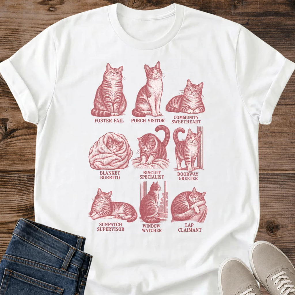 White cat lover graphic tee featuring nine hand-drawn pink cat personality illustrations in a vintage chart design for cat moms and feline humor fans.