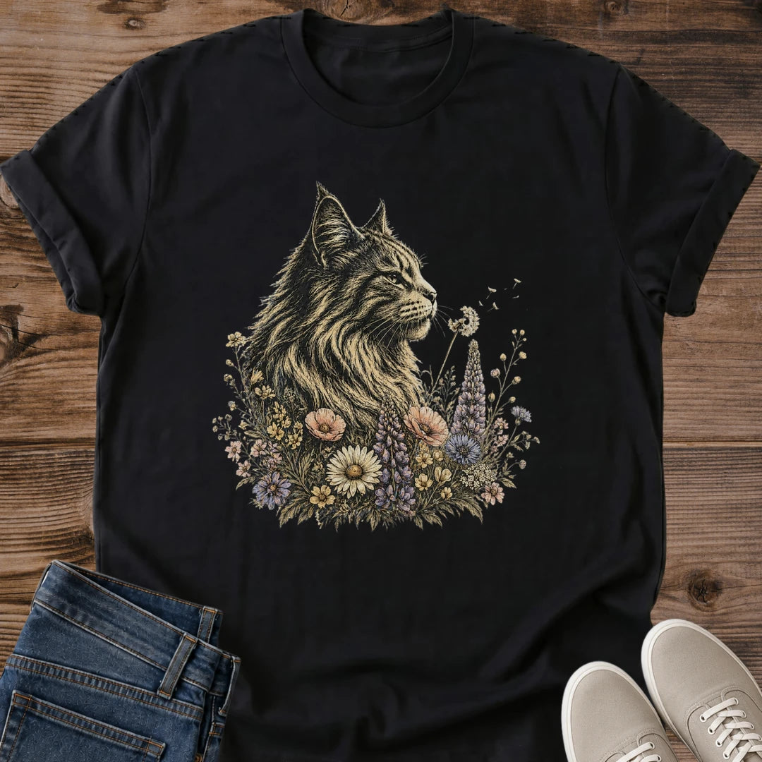 Fluffy Cat Shirt Wildflower Botanical Cat Tee Realistic Long Haired Cat Portrait Pastel Meadow Flowers Graphic Cat Owner Shirt Gift For Cat Lovers Spring Floral Tee Elegant Cat Art Shirt Unisex Ringspun Cotton Shirt Cat Whisker Co