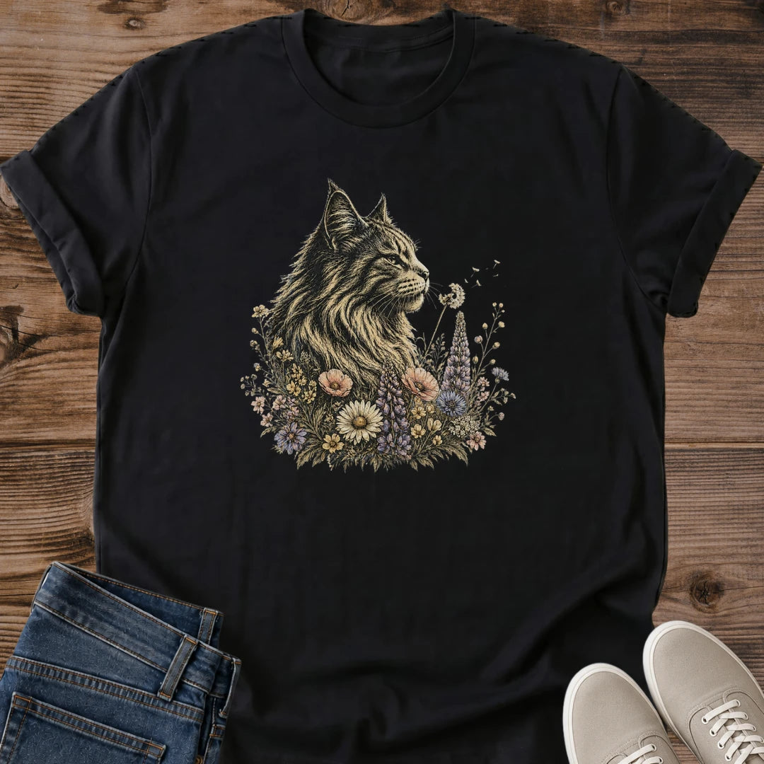 Soft Cotton Tee Cat Lover Shirt Floral Botanical Illustration Long Haired Feline Design Wildflower Frame Artwork Breathable Comfortable Fabric Crew Neck Classic Fit Perfect Gift Animal Lover Cat Owner Present Casual Daily Fashion Nature