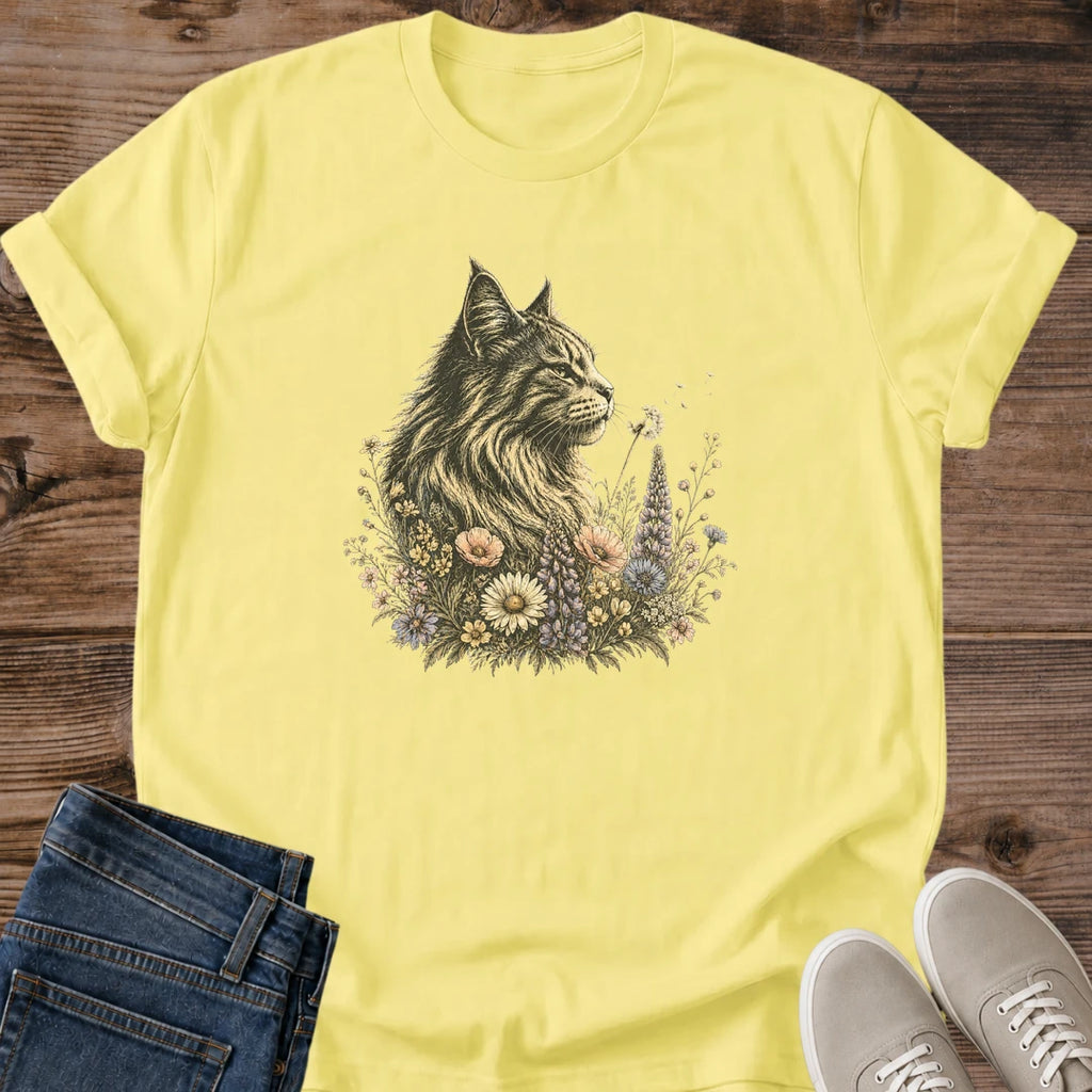 Artistic Cat Shirt Floral Botanical Design Long Haired Feline Illustration Wildflower Nature Frame Soft Breathable Cotton Tee Crew Neck Comfortable Fit Perfect Cat Lover Gift Animal Owner Present Casual Everyday Wear Fashion Nature Inspired